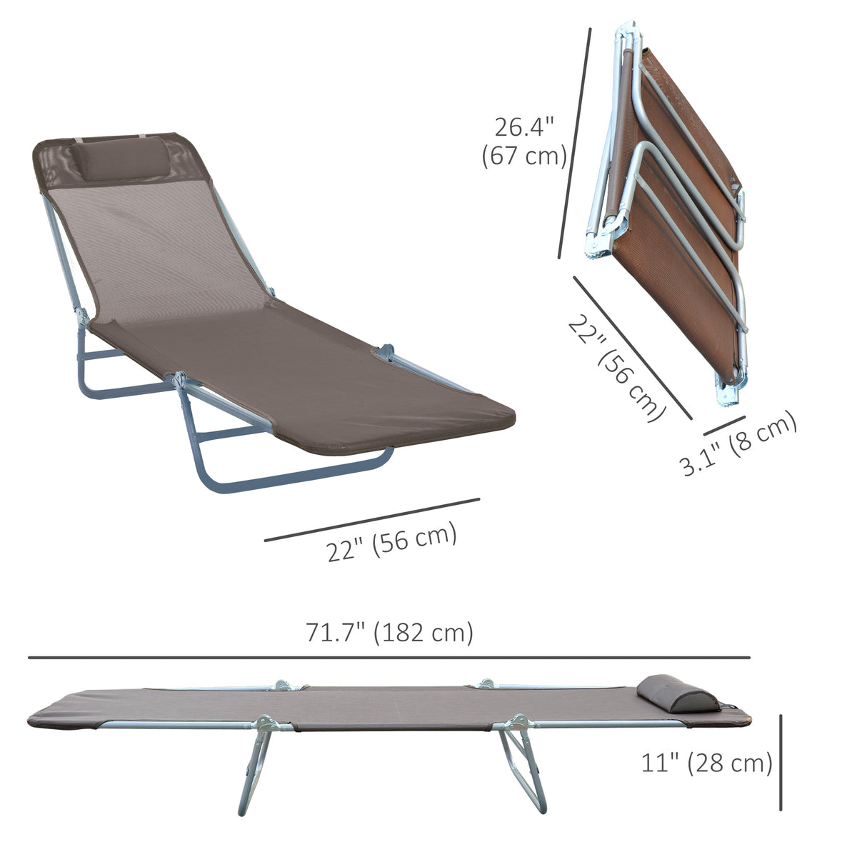 Outdoor Lounge Chair, Portable Adjustable Reclining Seat Folding Chaise Lounge Patio Camping Beach Tanning Chair Bed with Pillow, Brown