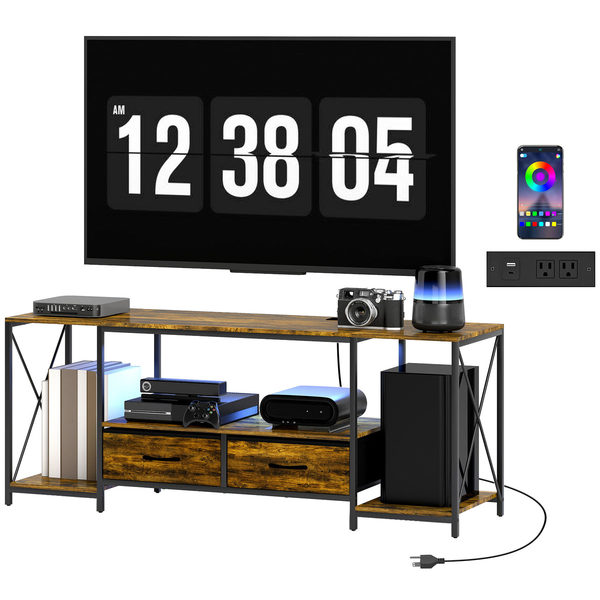 Industrial TV Stand for up to 55 Inch TV, TV Console with Charging Station and RGB LED Lights, Rustic Brown
