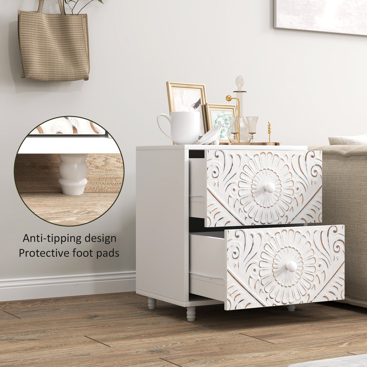 Mid-Century Bedside Table, Nightstand with 2 Drawers, Side End Table for Bedroom, White