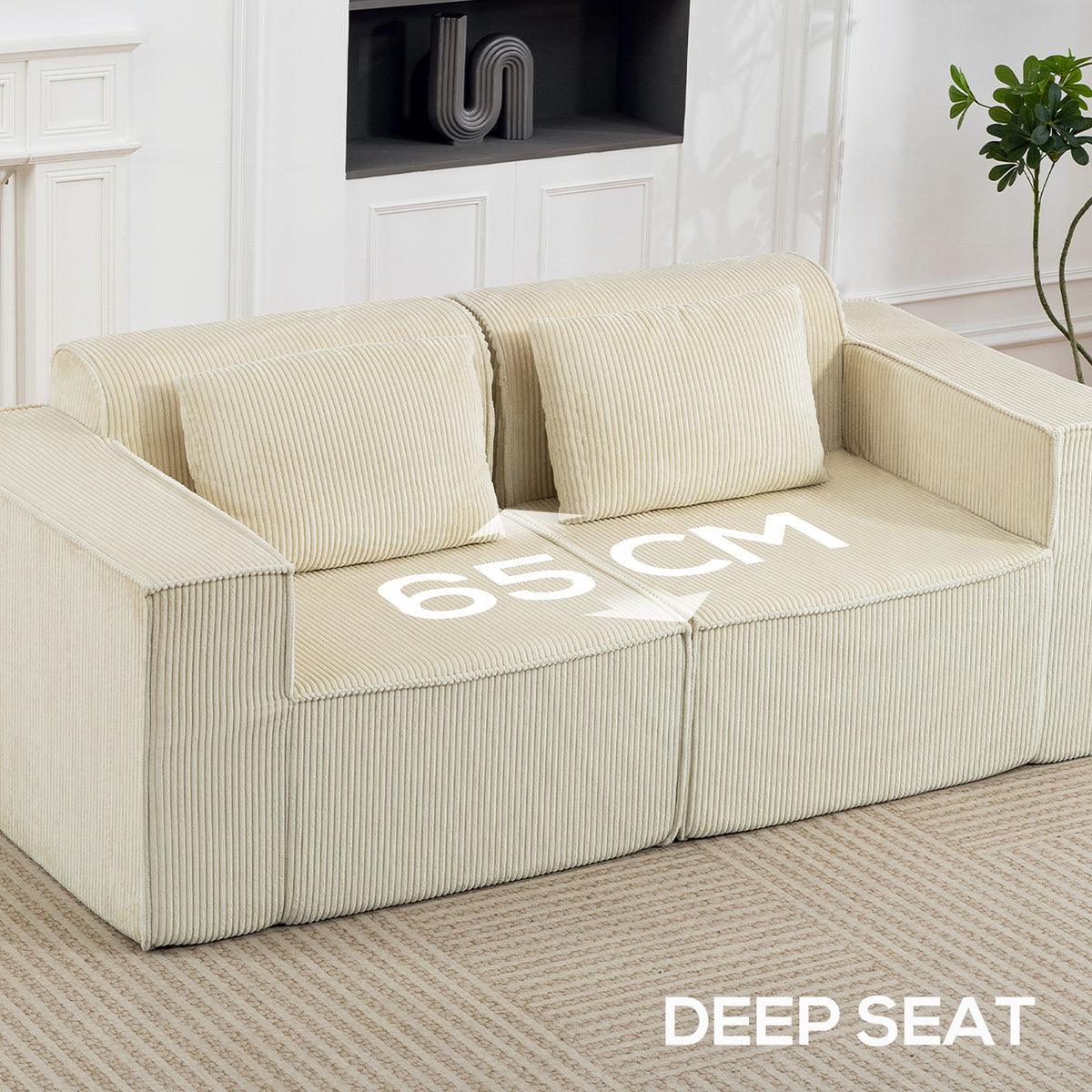 Boneless Couch, Corduroy 3 Seater Sofa with Deep Seat, Wide Armrests, 2 Pillows, Quick Assembly for Living Room, Beige