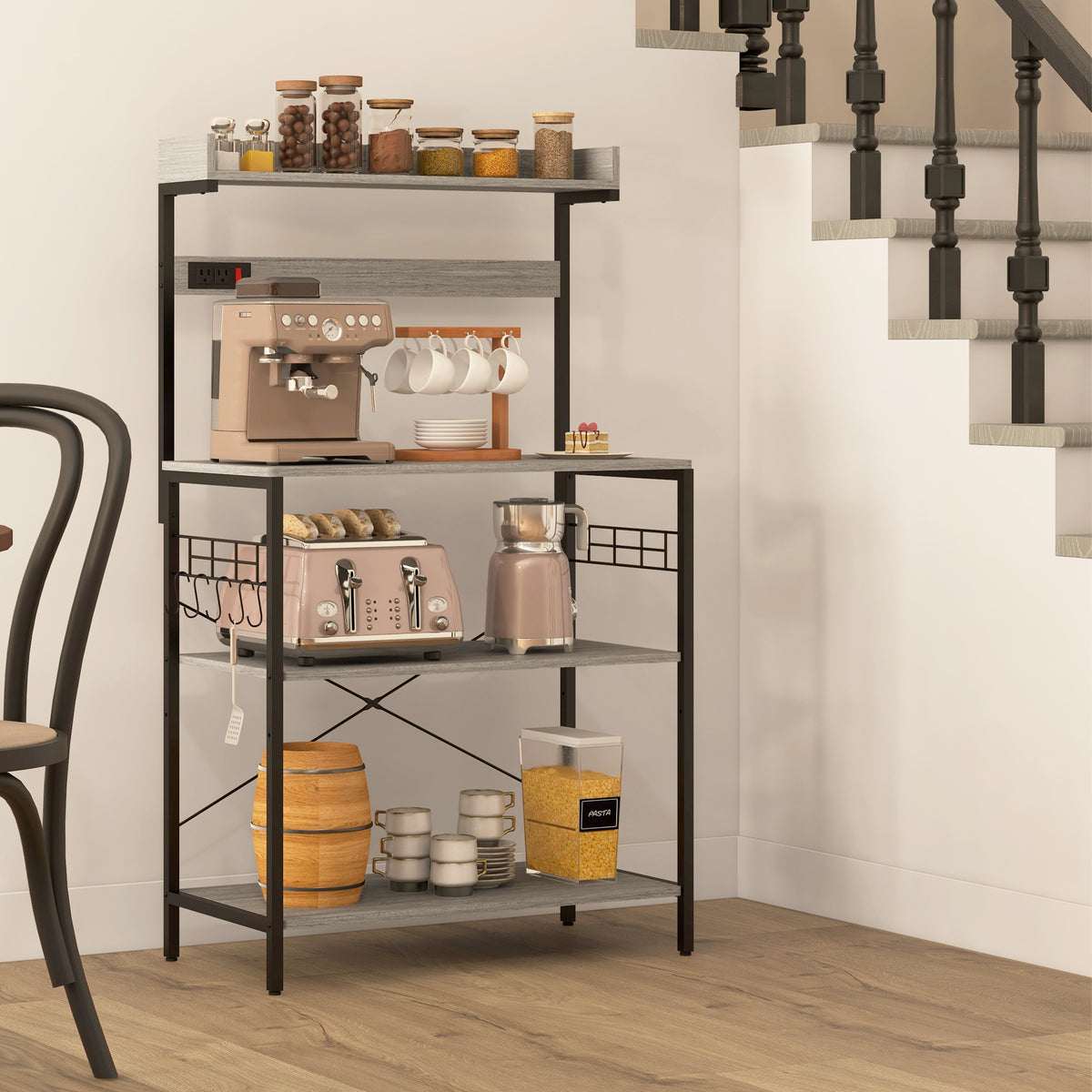 Kitchen Baker's Rack with Power Outlet, Coffee Bar Station with Adjustable Shelves and Hooks – view 21