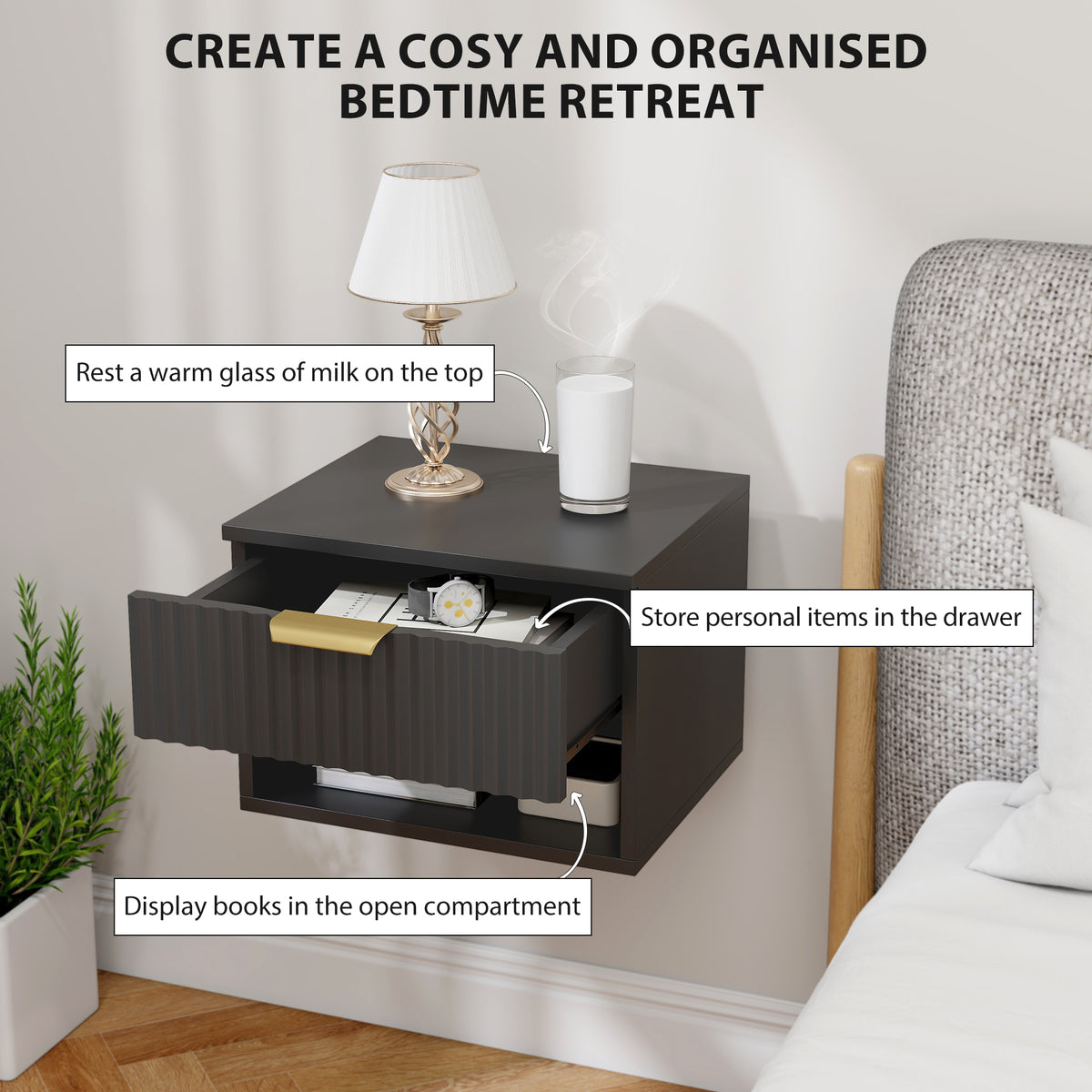 Floating Nightstands, Wall Mounted Bedside Tables Set of 2 with Drawer and Open Shelf, Black – view 4