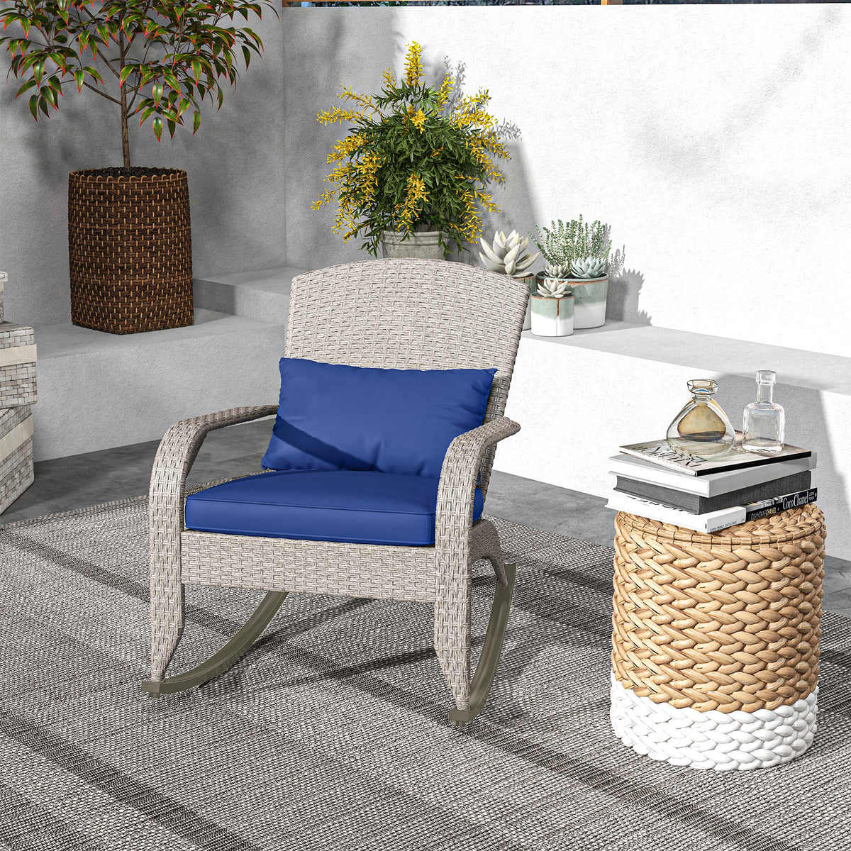 Adirondack Chair, Outdoor Wicker Rocking Chair with High Back, Seat Cushion and Pillow for Porch, Balcony, Cream/Brown