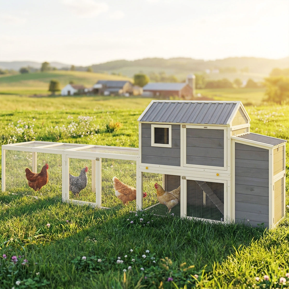 Large Chicken Coop, 134"L Wooden Chicken House with Run, Nesting Box, Slide-Out Tray, Waterproof Roof and Ramp