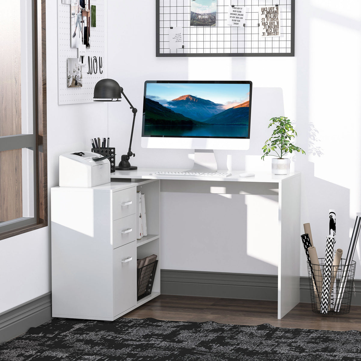 L-Shaped Corner Straight Writing Desk with Storage Shelf, Drawer – view 13