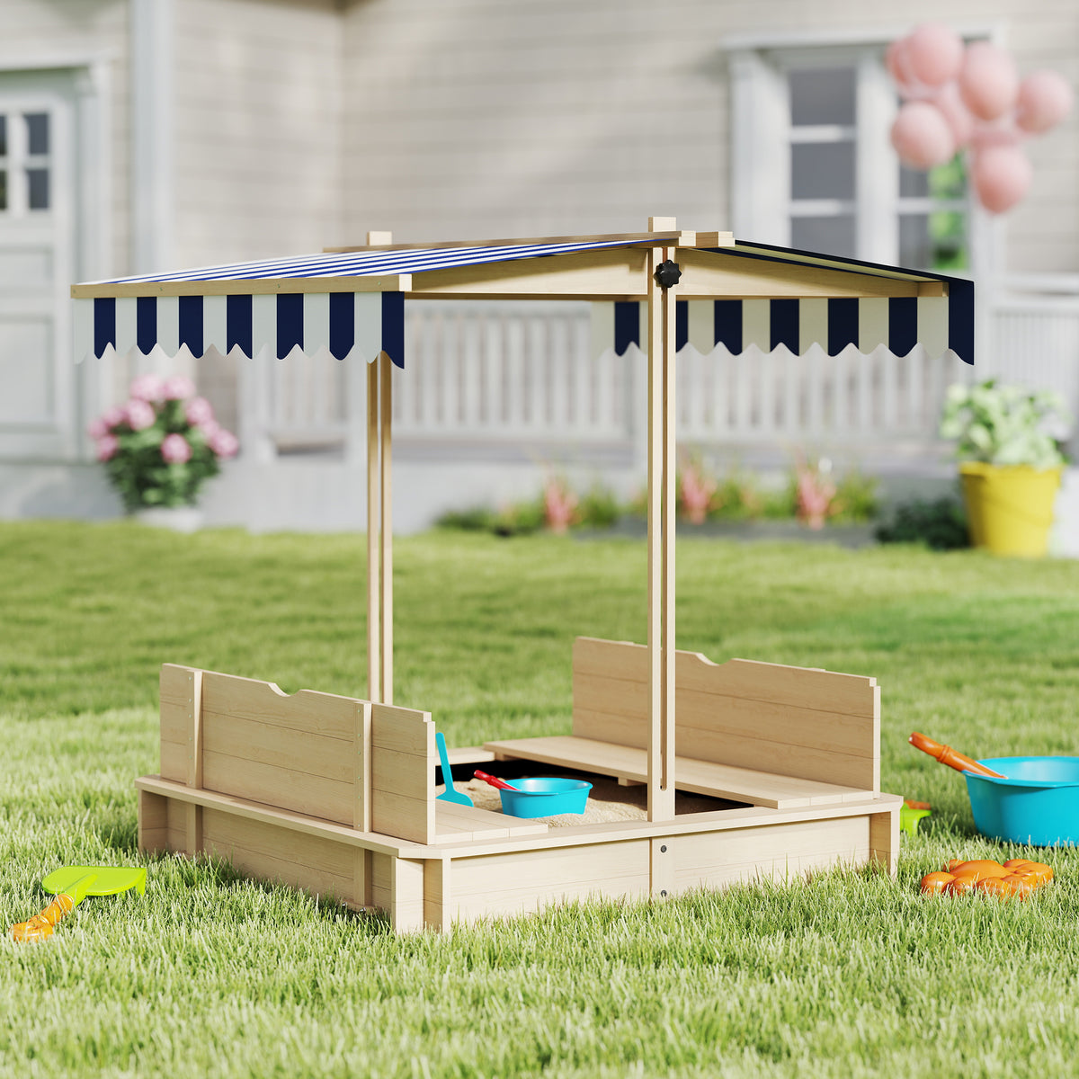 Kids Wooden Sandbox Outdoor Backyard Playset Children Play Station w/ Adjustable Canopy & Convertible Bench – view 9