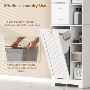 67" Tall Bathroom Storage Cabinet, Slim Bathroom Cabinet with Tilt-Out Laundry Basket, White