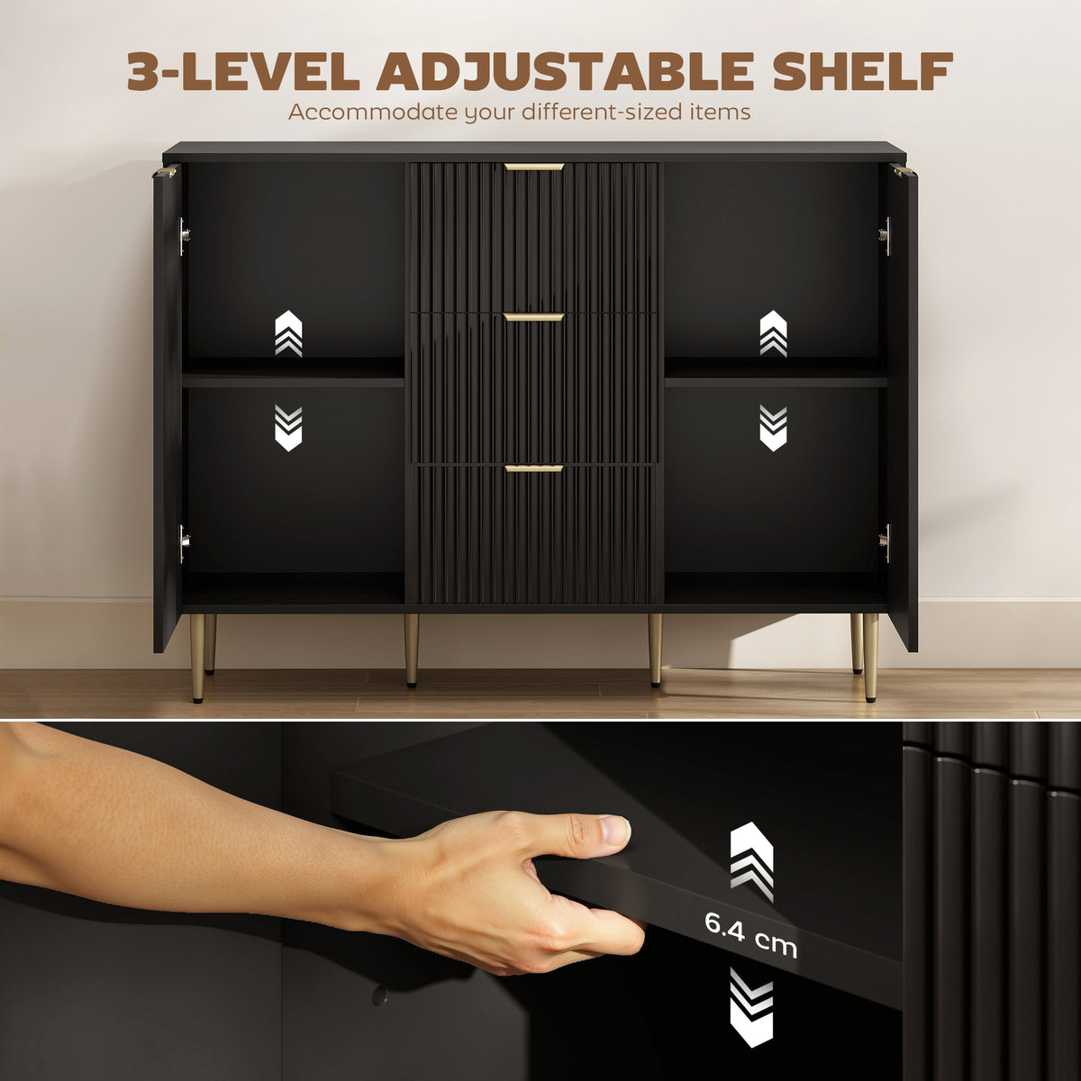 Modern Kitchen Storage Cabinet, Sideboard Buffet Cabinet w/ 3 Drawers and Adjustable Shelves for Kitchen – view 4