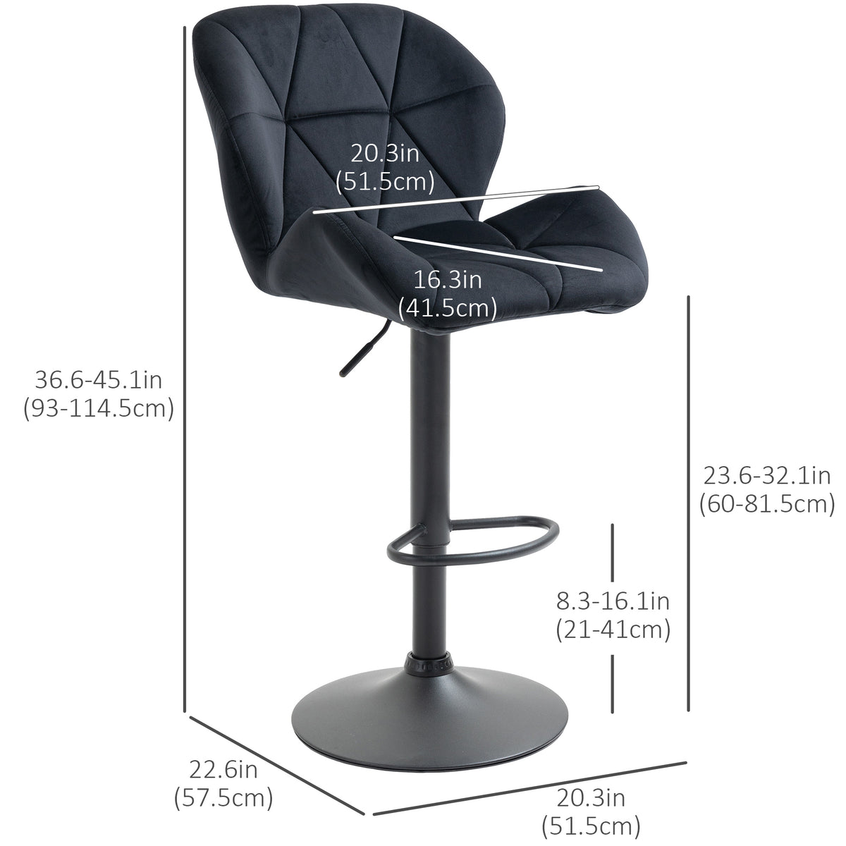 Bar Stool Set of 2 Fabric Adjustable Height Armless Upholstered Counter Chairs with Swivel Seat, Black – view 2