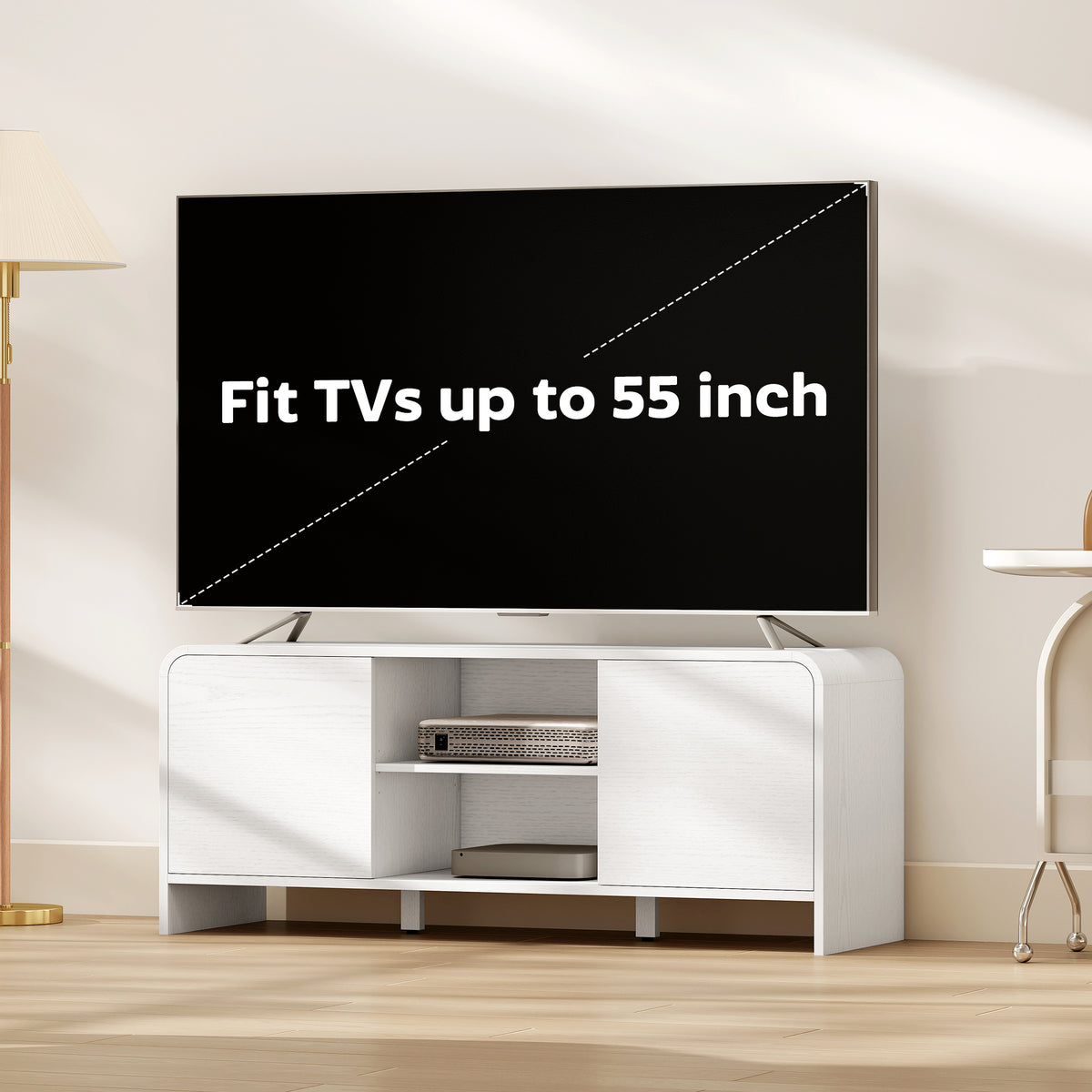 TV Stand for up to 55 Inch TV, Nordic Entertainment Center with 2 Cabinets and 2 Open Shelves for Living Room, White