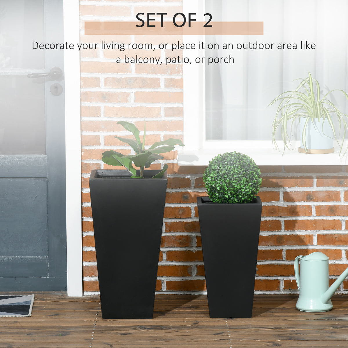 Set of 2 Tall Planters with Drainage Holes, 22" / 18" Outdoor Flower Pots for Patio, Yard, Garden, Black – view 3