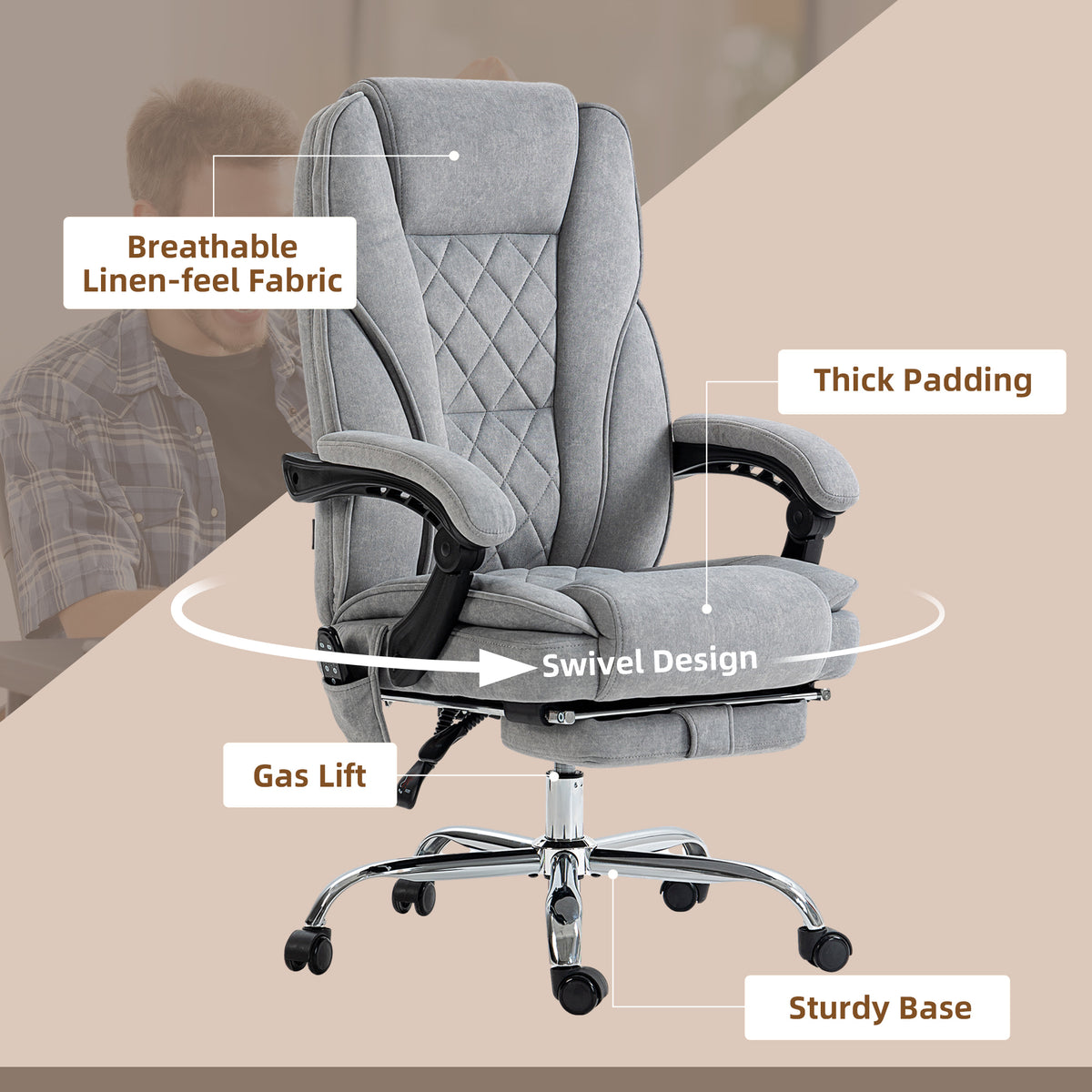 Massage Office Chair, Reclining Computer Chair with Adjustable Height and Footrest, Grey