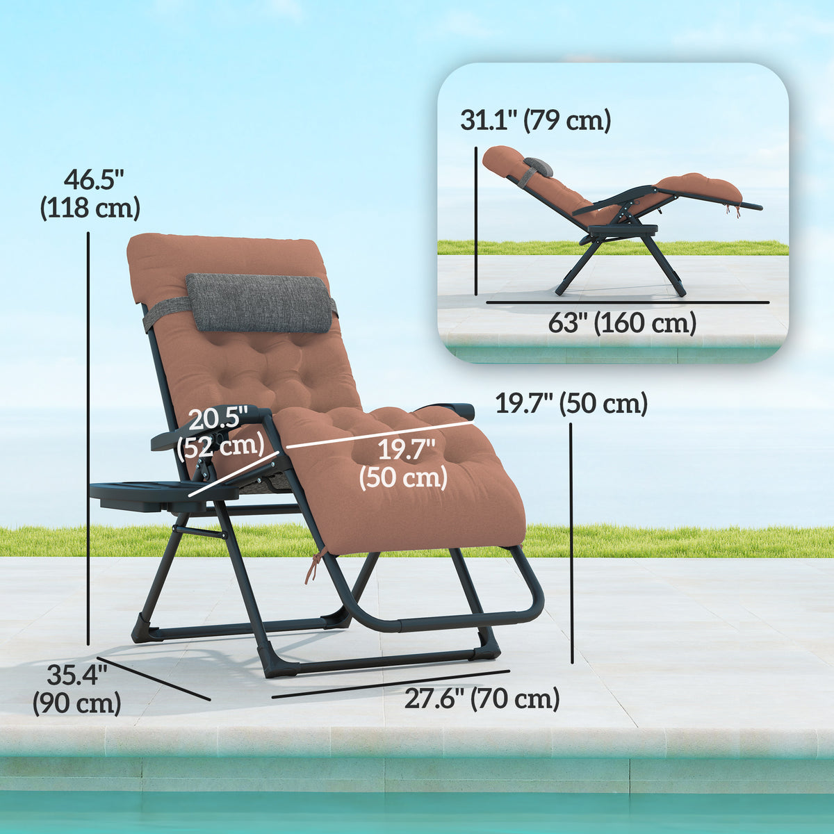 Padded Folding Recliner Chair, Patio Lounger with Cupholder, Adjustable Backrest, Removable Cushion, Black – view 23