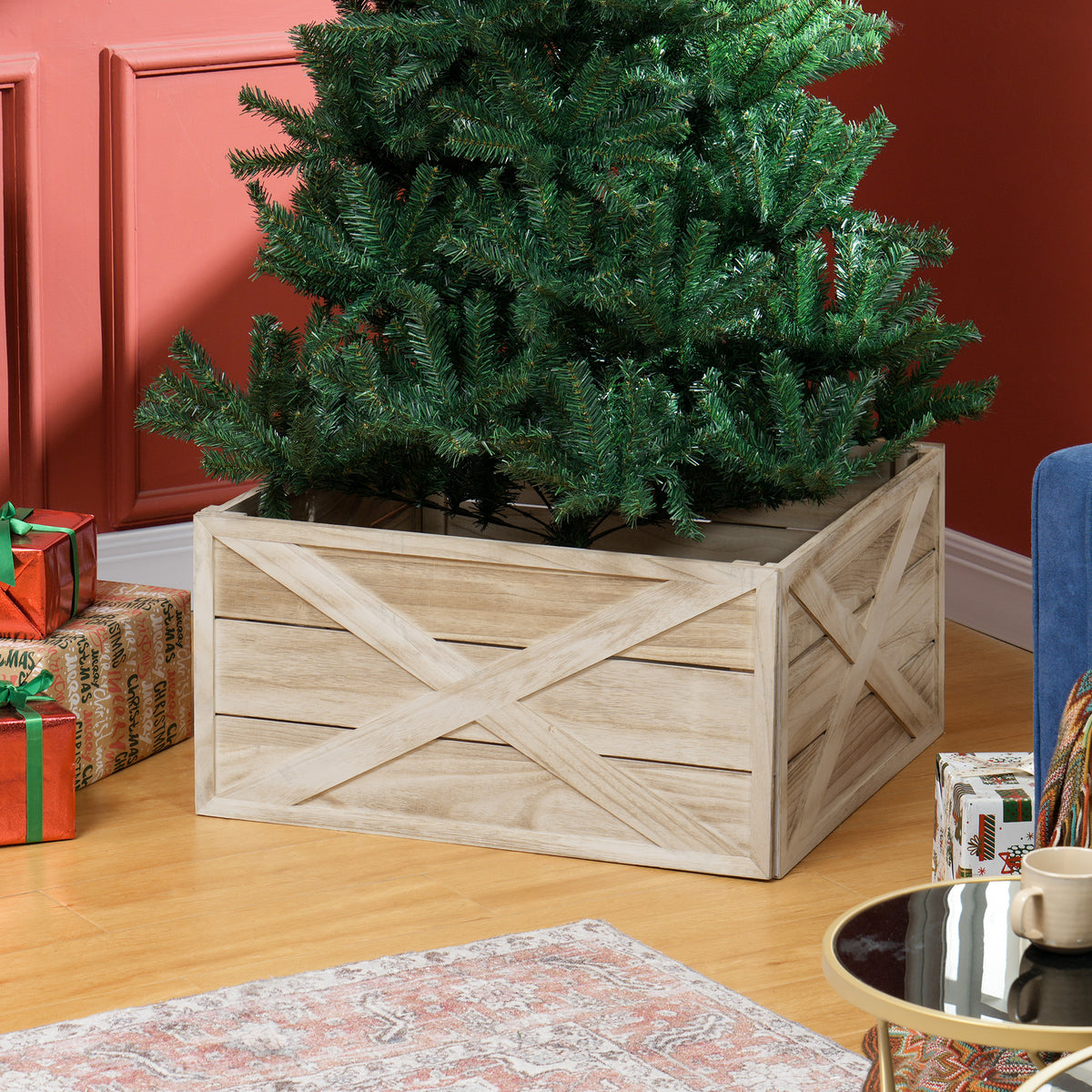 24" Farmhouse Christmas Tree Base Cover Wooden Christmas Tree Collar Box Home Decoration Dark Distressed Wood Finish