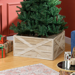 24" Farmhouse Christmas Tree Base Cover Wooden Christmas Tree Collar Box Home Decoration Dark Distressed Wood Finish