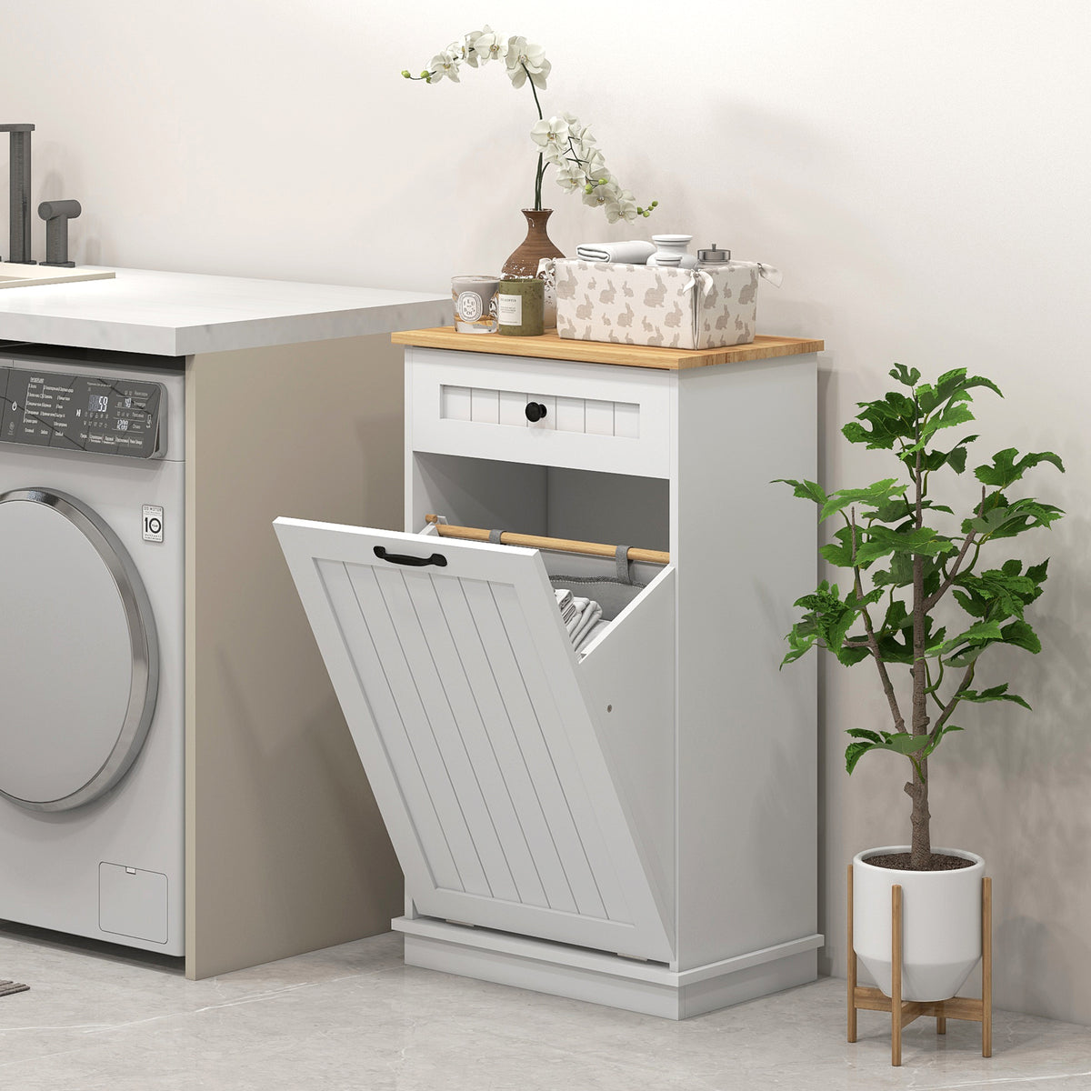 Laundry Cabinet with Removable Basket and Drawer, Tilt-Out Laundry Hamper for Bathroom, Living Room, White