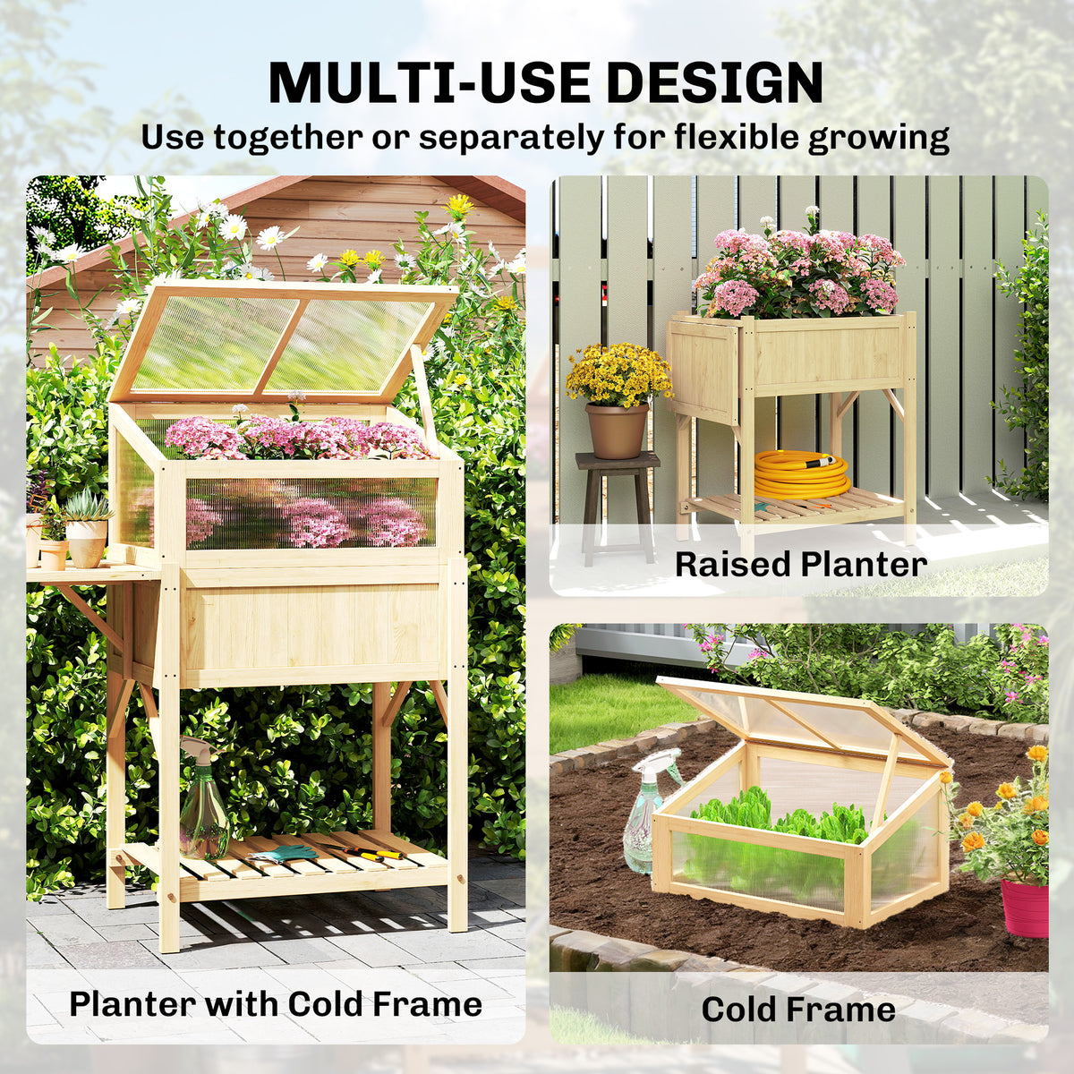 Raised Garden Bed Planter with Cold Frame, Wooden Elevated Planter Box with Folding Side Table and Shelf, Natural Wood