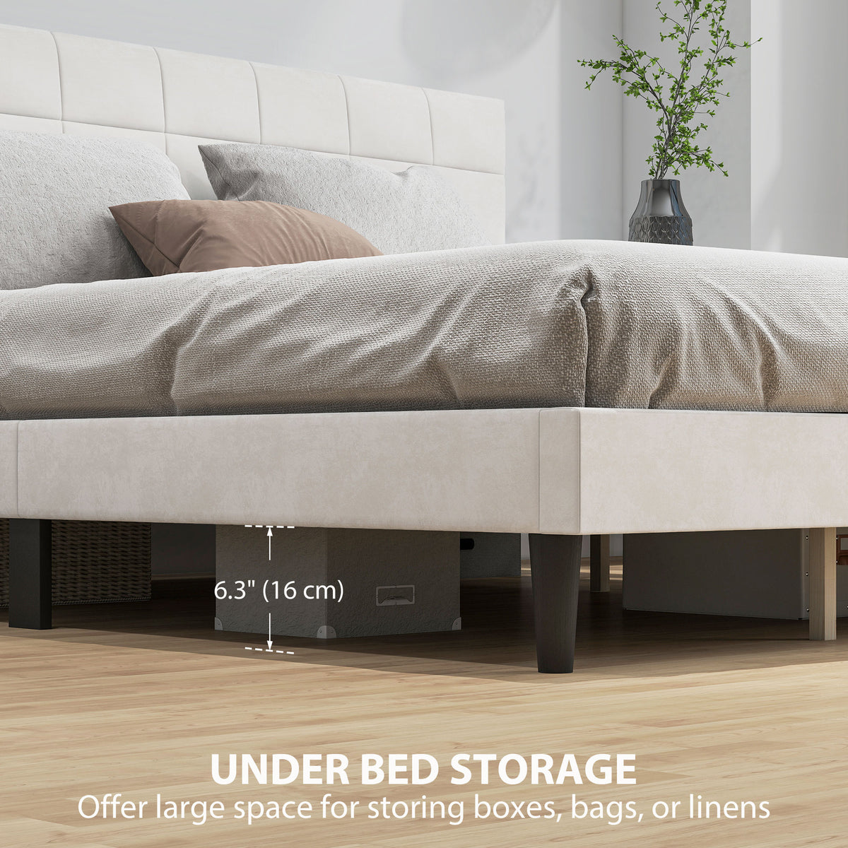 Queen Size Bed Frame with Upholstered Headboard, Modern Platform Bed Frame with Wood Slats, 1100 lbs Capacity, Cream