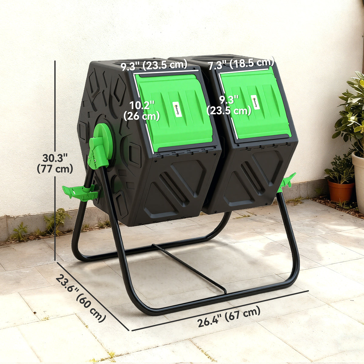 Rotating Composter, Dual Chamber Compost Bin with 24 Vents and Steel Legs, 34.5 Gallon, Brown