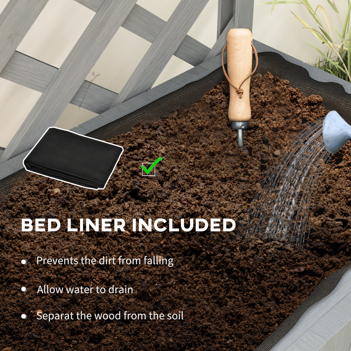 Raised Garden Bed, Wooden Planter with Trellis, Hanging Roof, Plant Shelf, Drainage Holes and Bed Liner, Grey