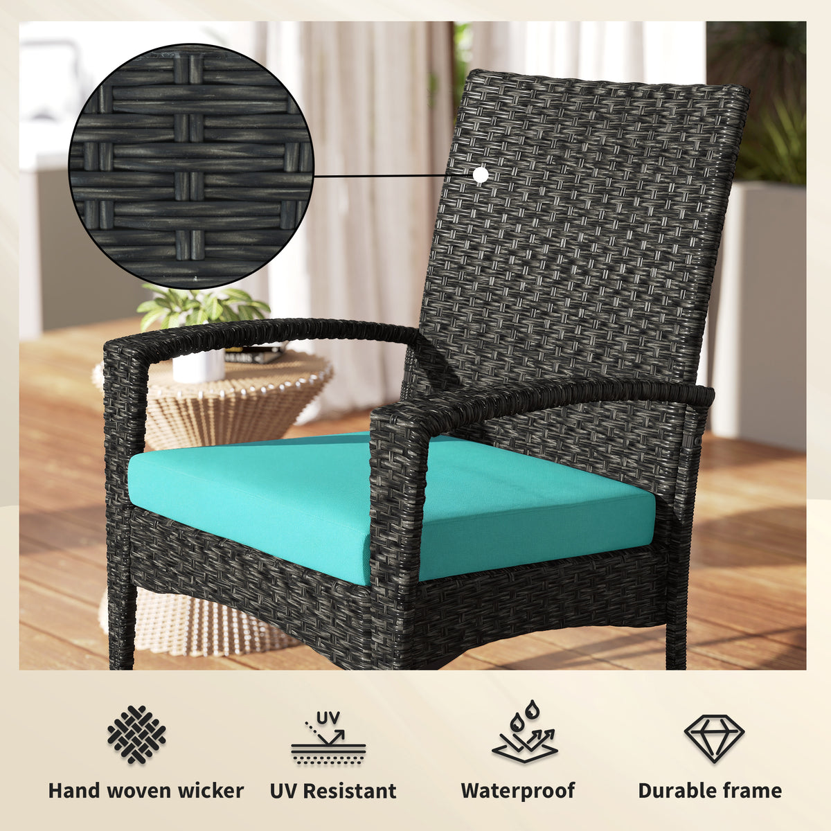 Outdoor Rocking Chair, Patio Wicker Chair Removable Cushion, High Back and Armrests for Porch Balcony, Turquoise