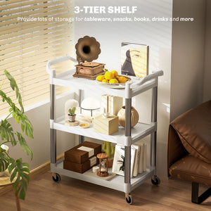 3-Tier Utility Cart Large Rolling Storage Trolley with 3 Shelves Metal Clean Service Cart, Restaurant, Hotel, Livingroom, Silver and Grey