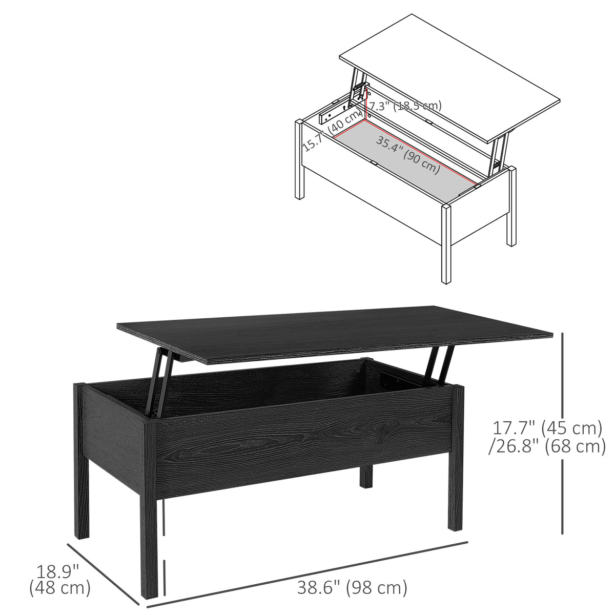 39" Modern Lift Top Coffee Table with Hidden Storage Compartment, Center Table for Living Room, Black – view 2