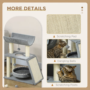 Small Cat Tree with Perch, Scratching Posts, Pad, Bed, Toy Balls, Light Grey