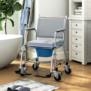 Rolling Shower Chair, Bedside Commode Wheelchair with Padded Seat, Backrest, for Seniors, Disabled, 300 lbs, Grey