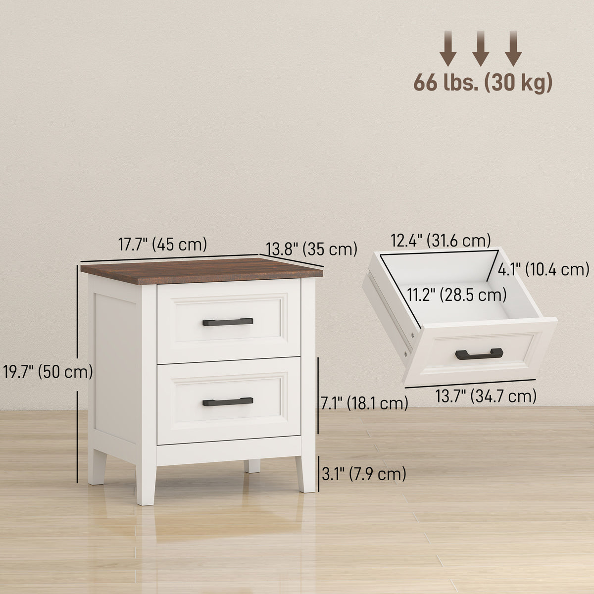 Farmhouse Nightstand Set of 2, Bedside Tables with 2 Drawers, Wood-Effect Top, White