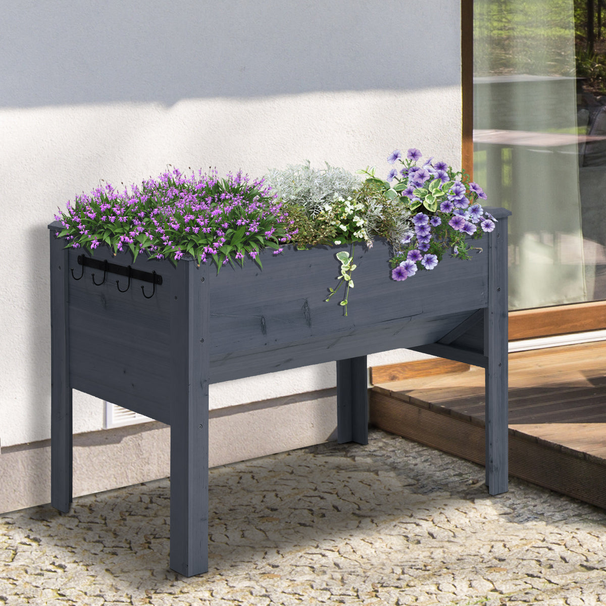 Wooden Raised Garden Plant Stand Outdoor Tall Flower Bed Box with Hooks, 48" x 24" x 32", Nature Wood