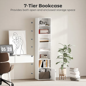 7-Tier Bookcase, Display Shelf Unit with Adjustable Shelf and Cabinet, White