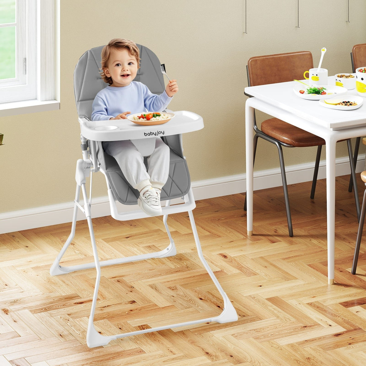 Easy Clean Compact Highchair with Removable Adjustable Tray and PU Seat Cushion-Gray view 2