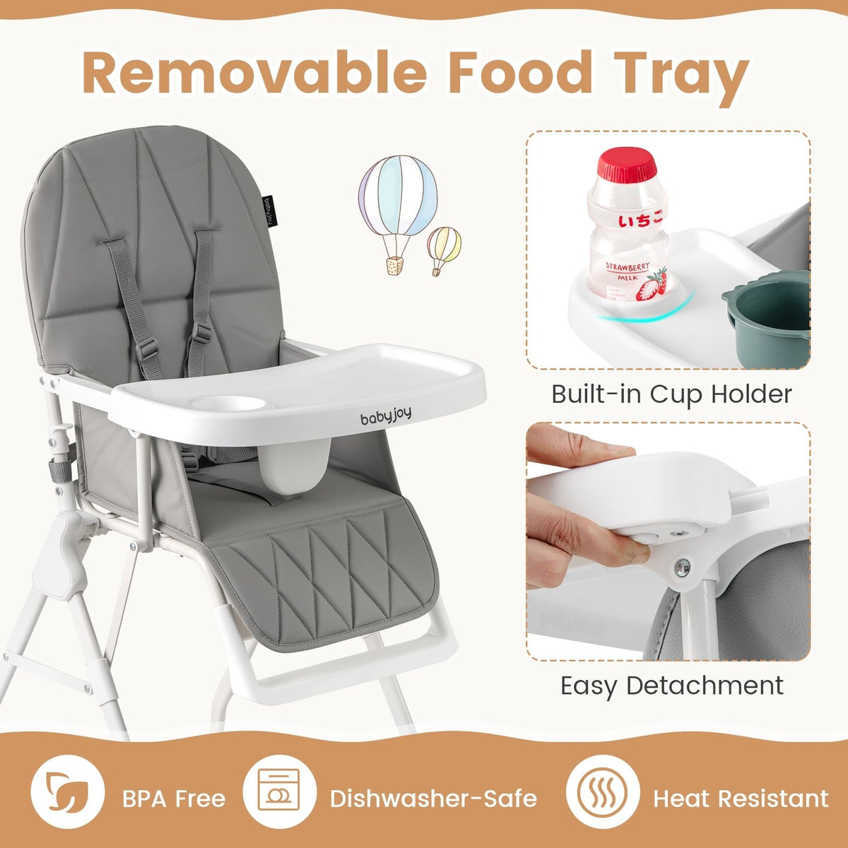 Easy Clean Compact Highchair with Removable Adjustable Tray and PU Seat Cushion-Gray view 6