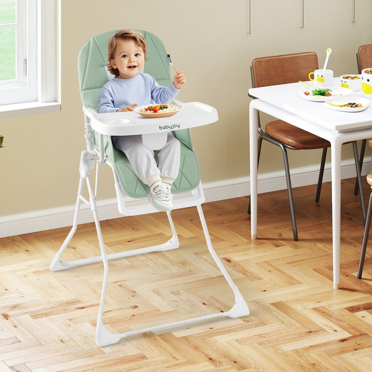 Easy Clean Compact Highchair with Removable Adjustable Tray and PU Seat Cushion-Green view 3
