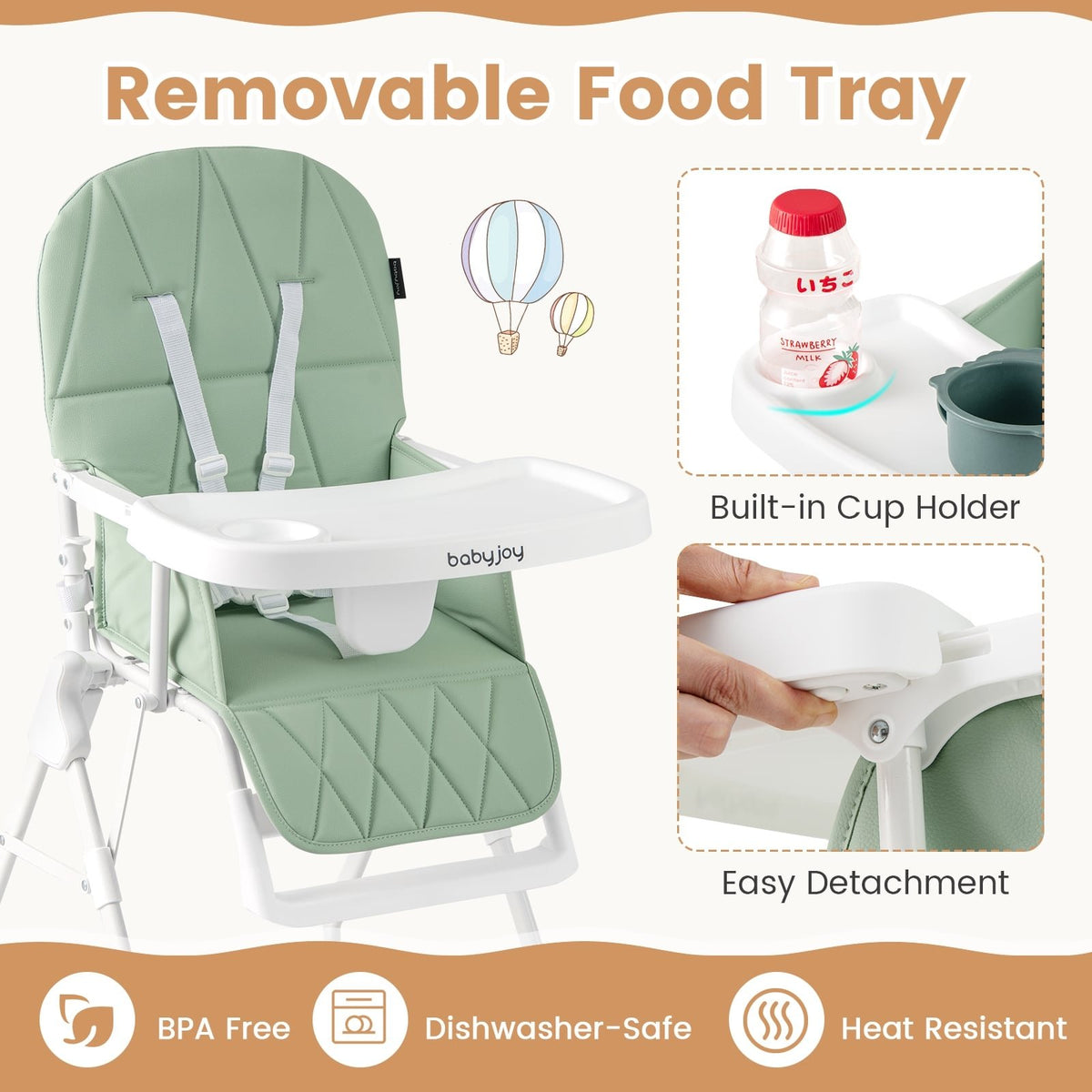 Easy Clean Compact Highchair with Removable Adjustable Tray and PU Seat Cushion-Green view 6