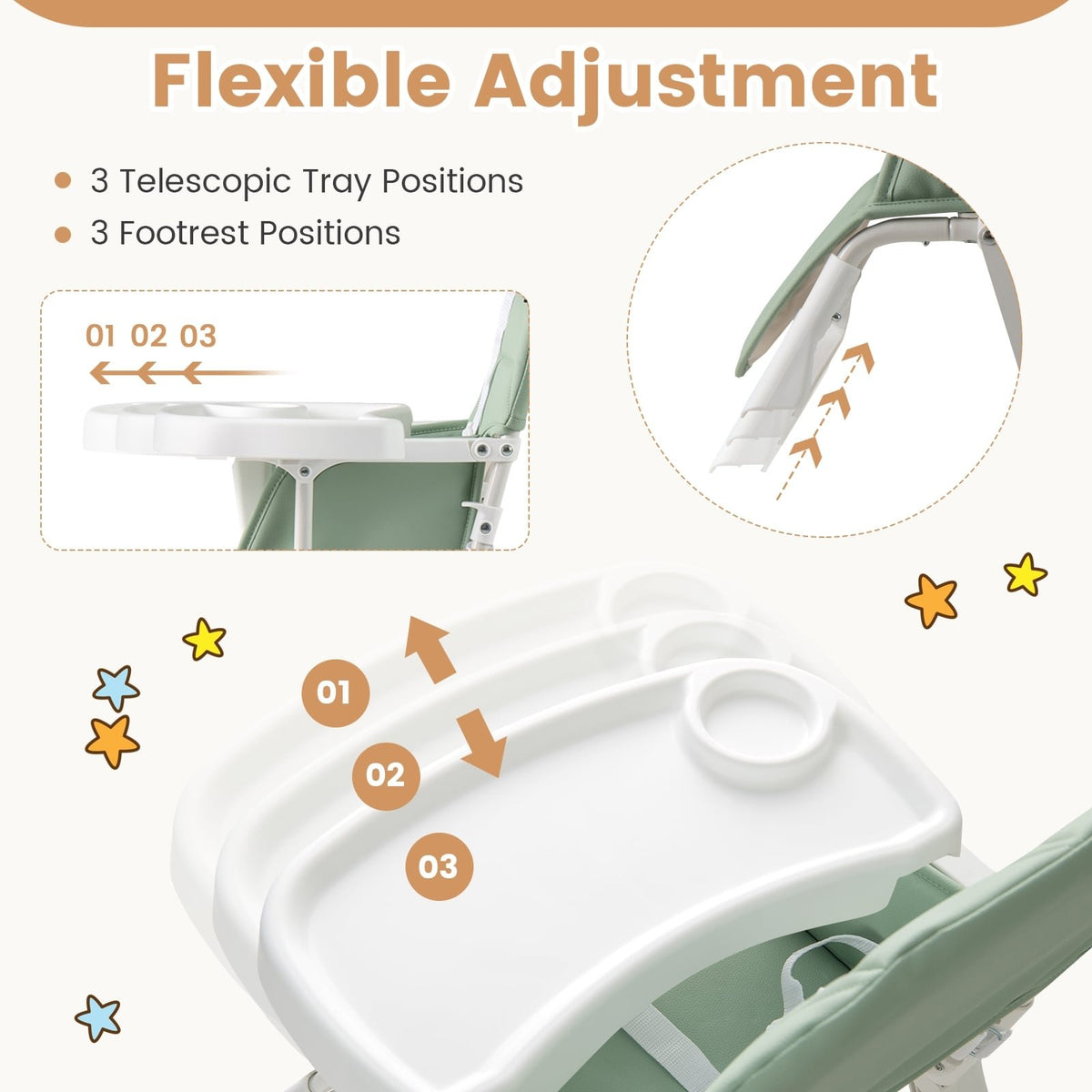 Easy Clean Compact Highchair with Removable Adjustable Tray and PU Seat Cushion-Green view 7