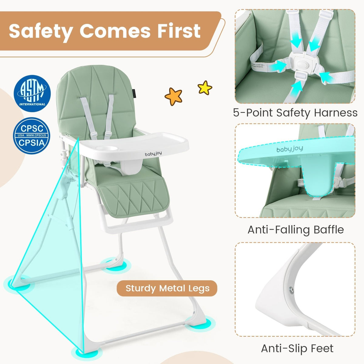 Easy Clean Compact Highchair with Removable Adjustable Tray and PU Seat Cushion-Green view 8