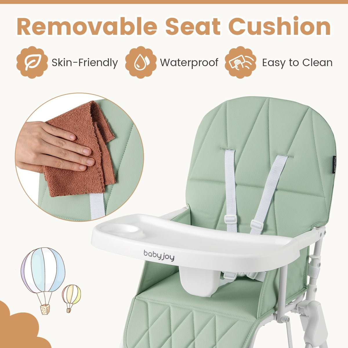Easy Clean Compact Highchair with Removable Adjustable Tray and PU Seat Cushion-Green view 9