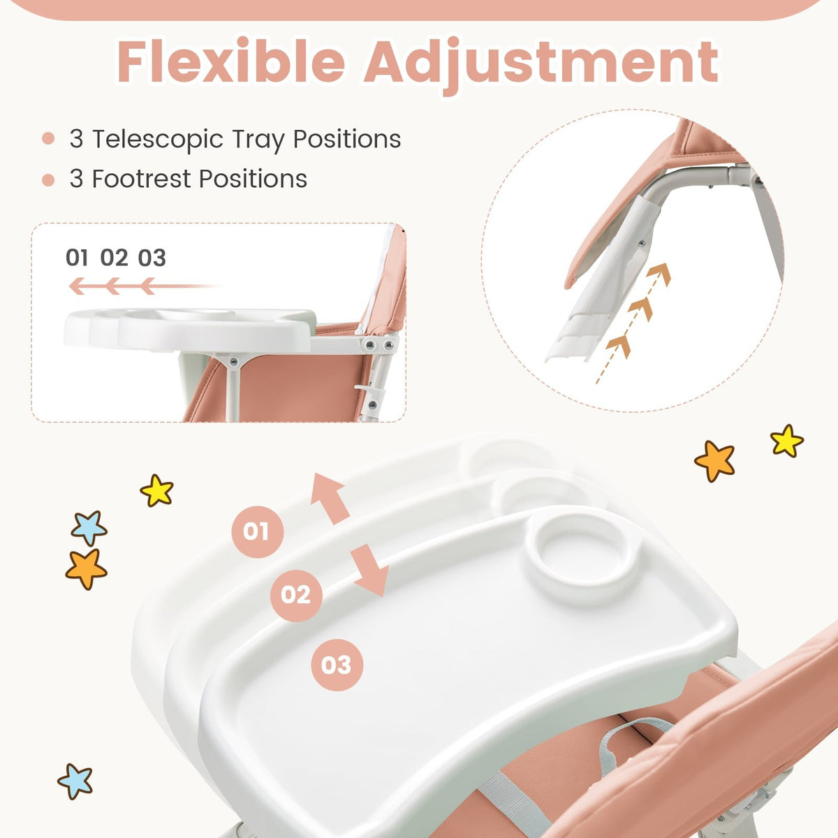Easy Clean Compact Highchair with Removable Adjustable Tray and PU Seat Cushion-Pink view 6