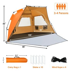 Easy Pop Up Beach Tent UPF 50+ Portable Sun Shelter for 3-4 Person-Orange view 4