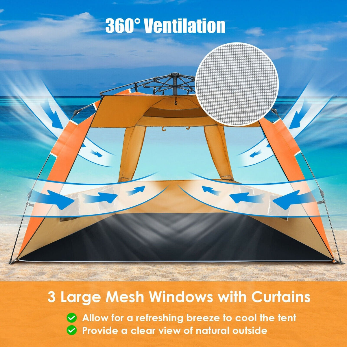 Easy Pop Up Beach Tent UPF 50+ Portable Sun Shelter for 3-4 Person-Orange view 8
