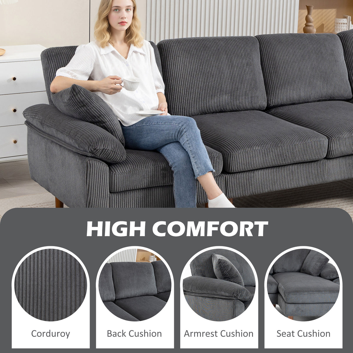L-Shape Sofa, Modern Sectional Couch with Changeable Chaise Lounge, Pillows and Wooden Legs for Living Room, Dark Grey