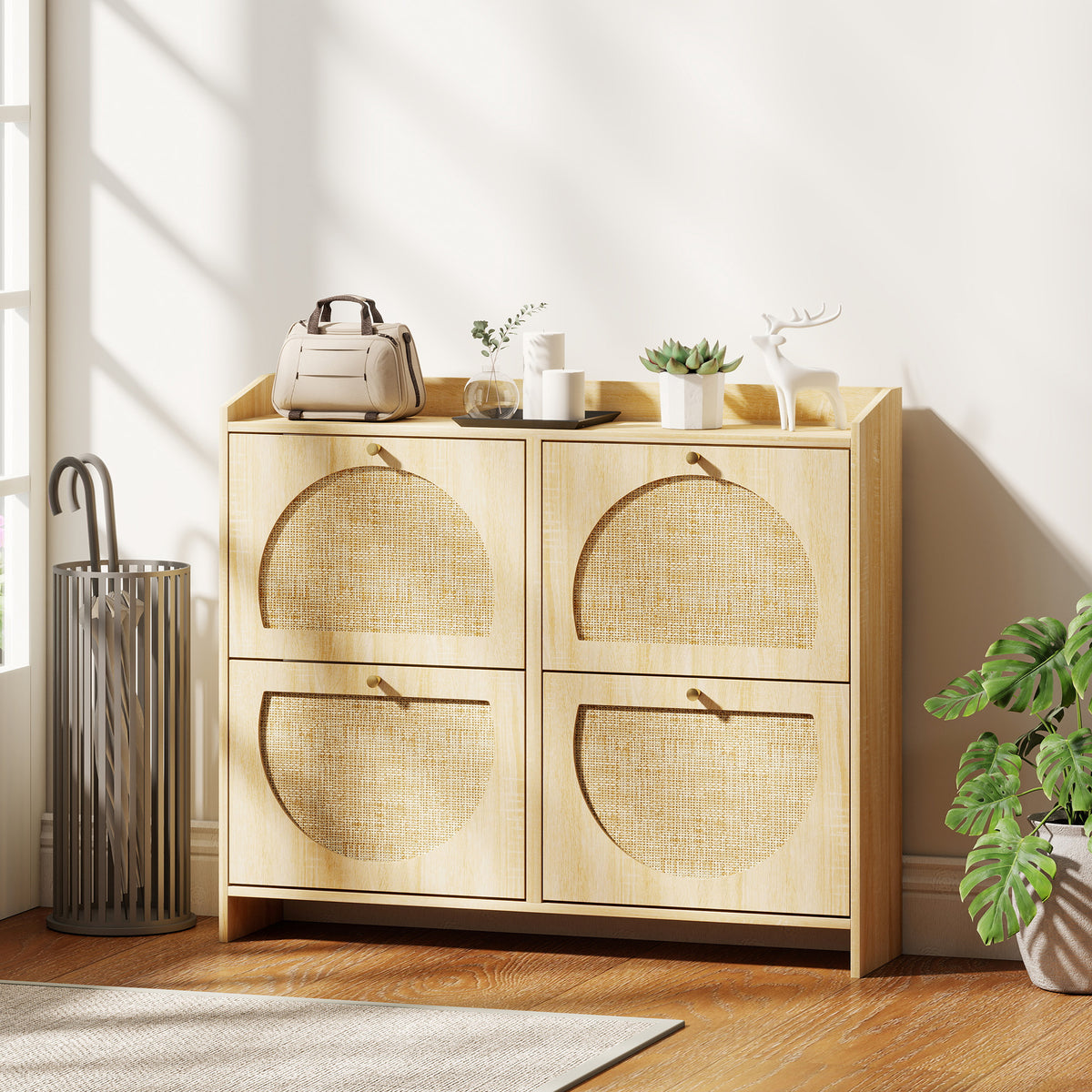 4 Flip-Drawer Shoe Cabinet, Shoe Storage Cabinet with Rattan Doors and Adjustable Shelves, Holds 16 Pairs, Natural