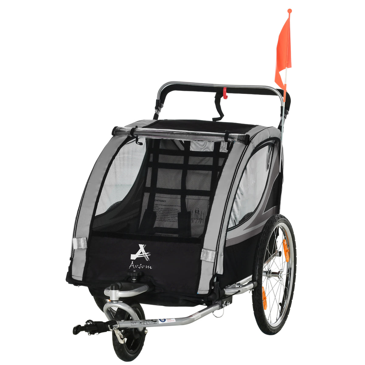 Aosom 2 Seat Bike Trailer for Kids 2-in-1 Double Baby Stroller with Handbrake, Rubber Wheels, 5 Point Harness, Waterproof Cover, Storage Bag, Reflectors
