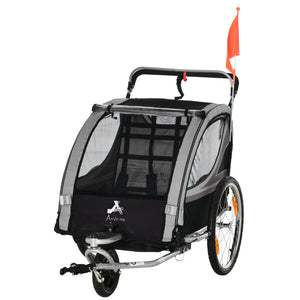 Aosom 2 Seat Bike Trailer for Kids 2-in-1 Double Baby Stroller with Handbrake, Rubber Wheels, 5 Point Harness, Waterproof Cover, Storage Bag, Reflectors