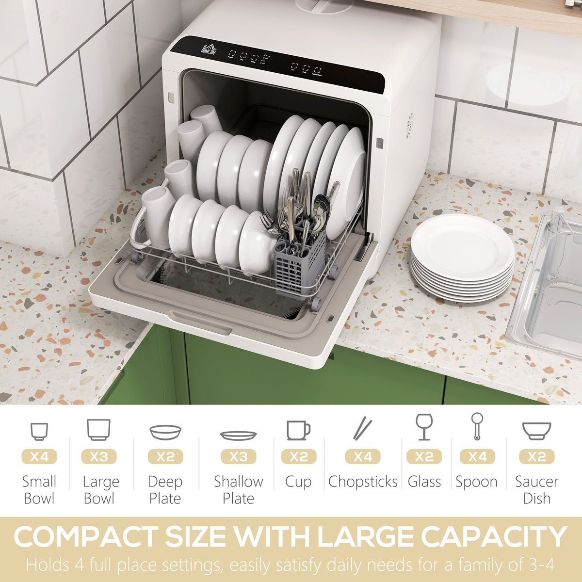 Portable Dishwasher, Counter Dishwasher with 4 Place Settings, 5 Washing Programs, Air-Dry Function, 6L Water Tank