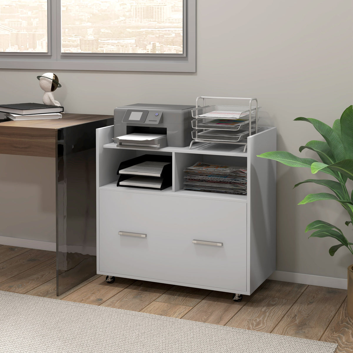 Mobile Filing Cabinet, Rolling File Cabinet with Drawer and Adjustable Hanging Bar for Letter, A4 and Legal Size, White