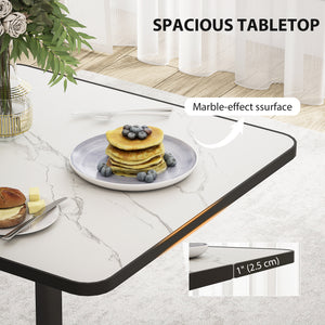 Dining Table for 4, Modern Kitchen Table with Marble Effect Tabletop and Round Base, White