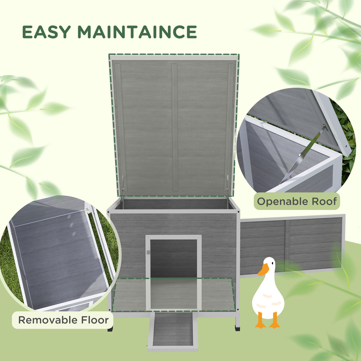 Duck Coop, Wooden Chicken House Rabbit Hutch with Openable Roof, Removable Floor, Double Doors, Ramp, Grey